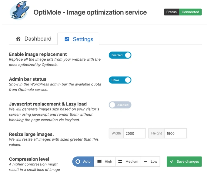 optimizar imagenes con optimole demo de panel