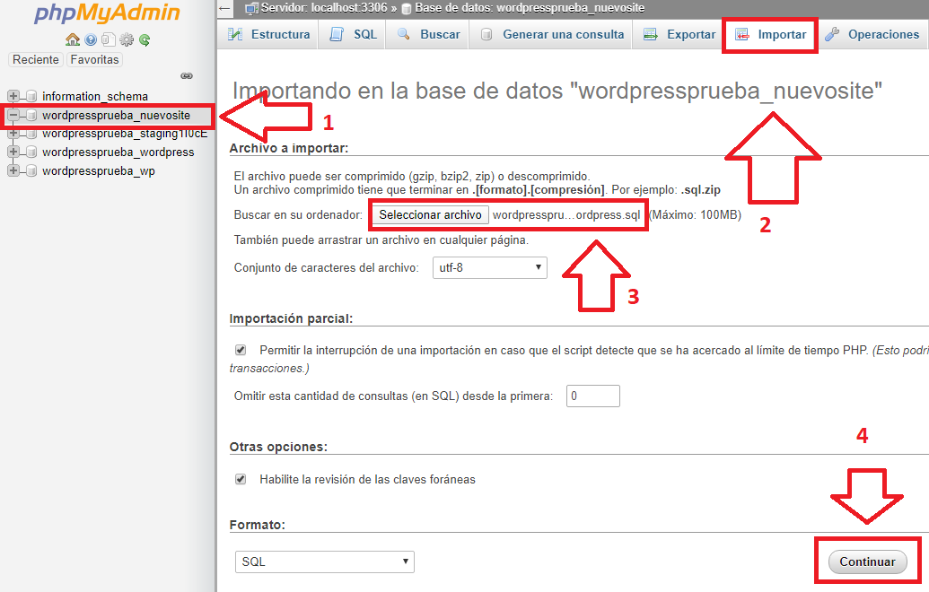 Cómo migrar WordPress desde localhost a un hosting importar sql base de datos