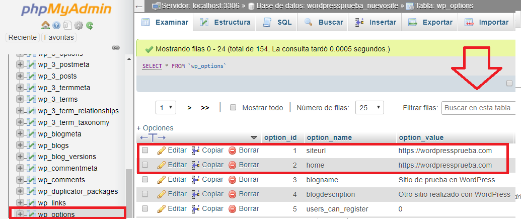 Actualizar la página de inicio de WordPress y la URL del sitio en la base de datos url