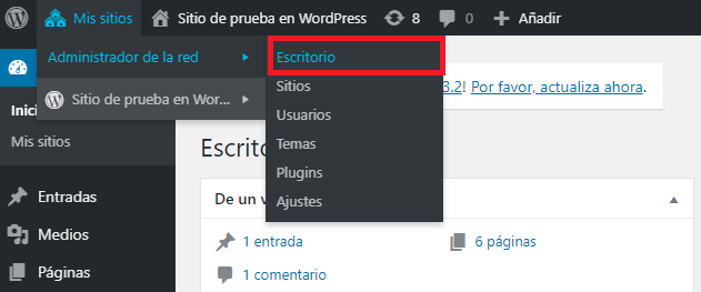 Para esto tienes que ir Mis Sitios Administrador de la red Escritorio en wordpress multisite