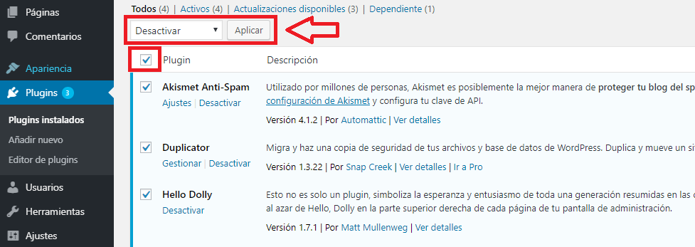 configurar wordpress multisite plugins deshabilitar temporalmente