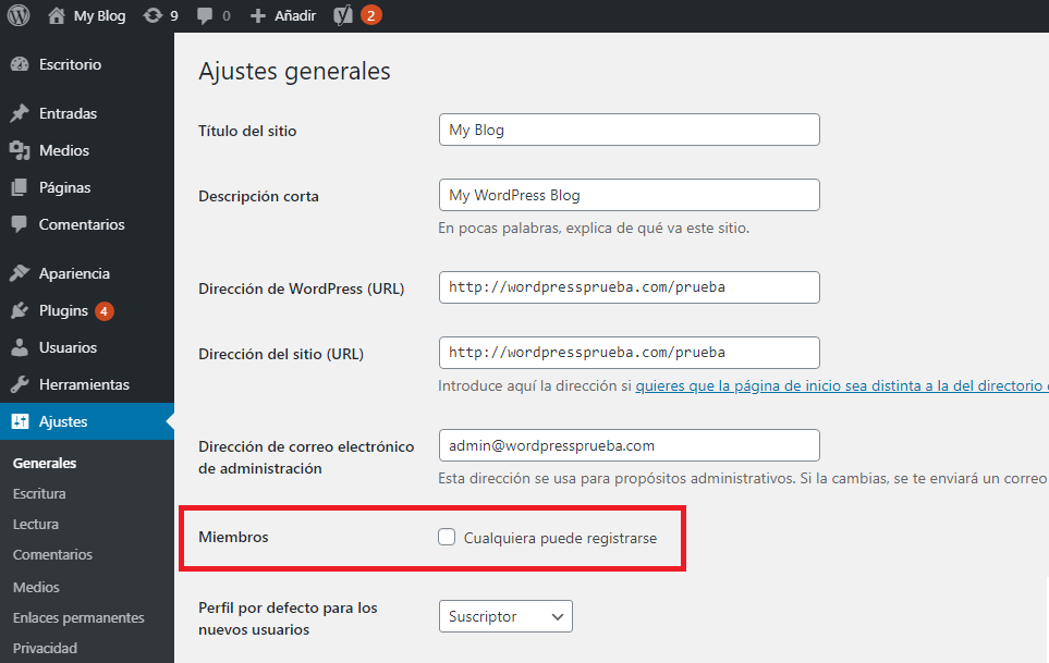 desmarcar registrar usuario wordpress spam basura