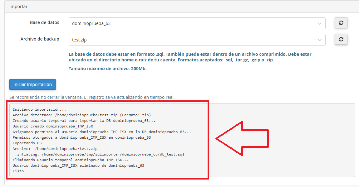 log de importar una base de datos MySQL en cPanel