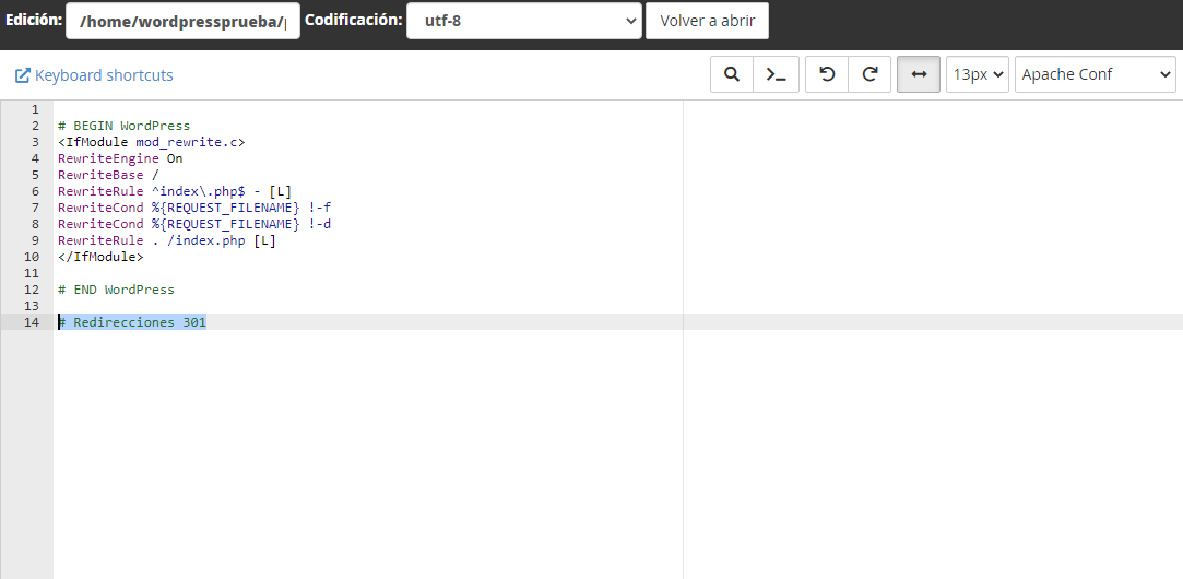 redireccion 301 wordpress htaccess editor
