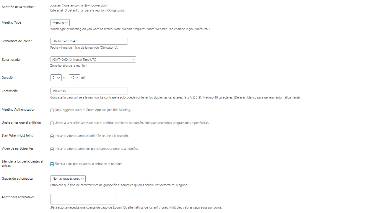 integrar instalar zoom wordpress ajustes reunion