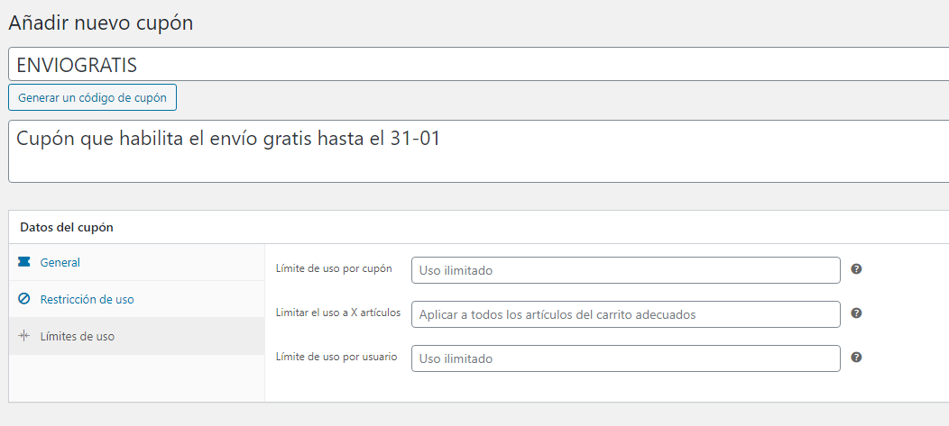 woocommerce crear cupones de descuento limite