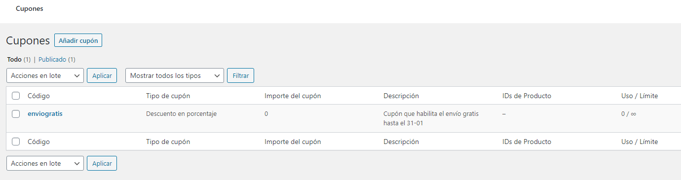 woocommerce listado cupones de descuento