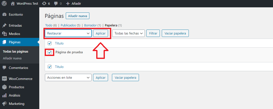 entrada pagina wordpress papelera botón restaurar