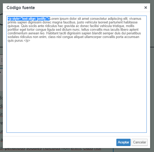 html justificar parrafo texto wordpress