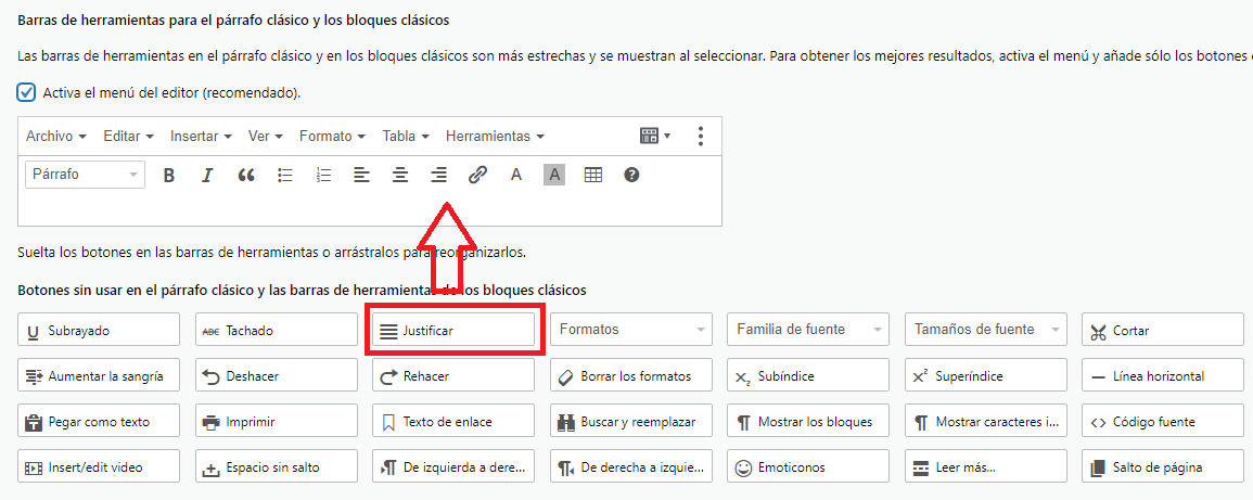 html justificar parrafo texto wordpress plugin