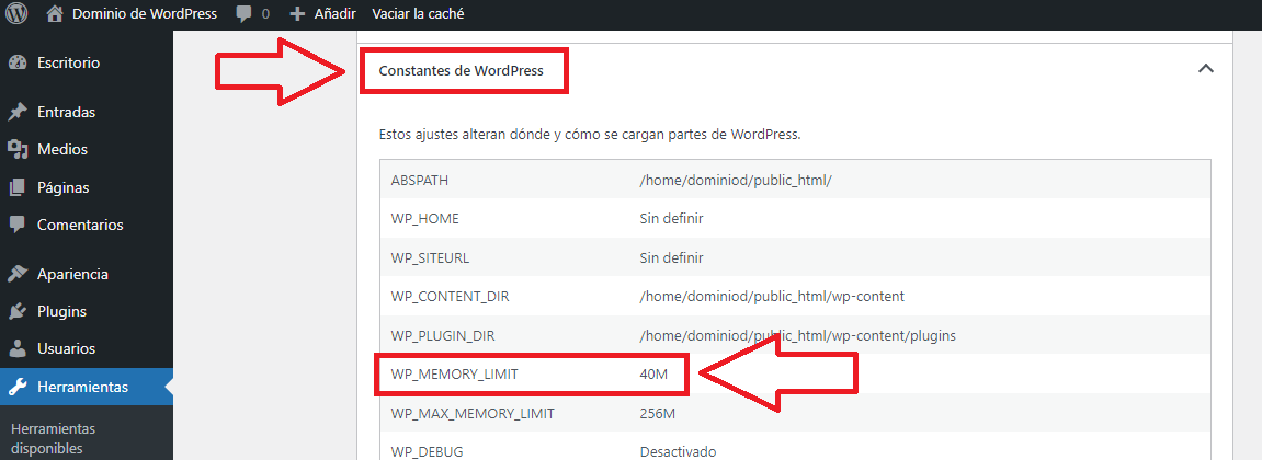 wpadmin wordpress memory limit