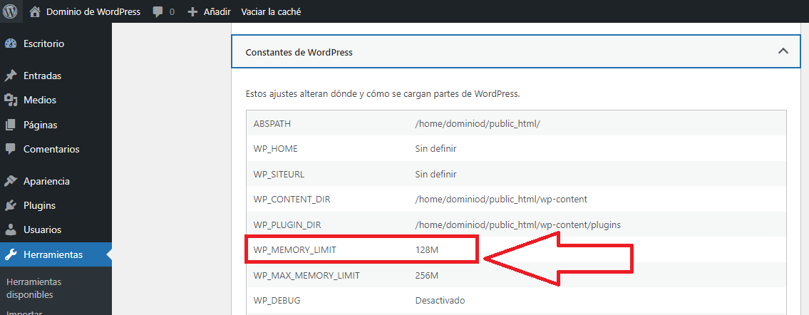 wordpress admin modificar limite de memoria memory limit de wordpress