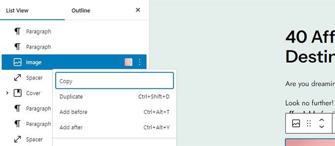 En WordPress 6.5 haciendo clic derecho en la vista de lista puedes acceder rápidamente a los ajustes de un bloque