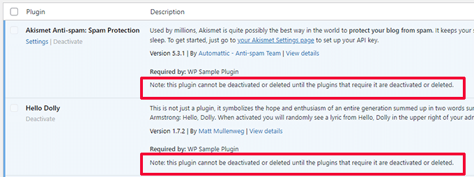 Si hay un plugin de WordPress faltante, en el recuadro de las propiedades del plugin da un aviso.