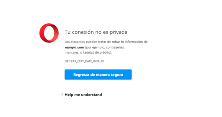 Tu conexión no es privada cómo se ve en Opera navegador