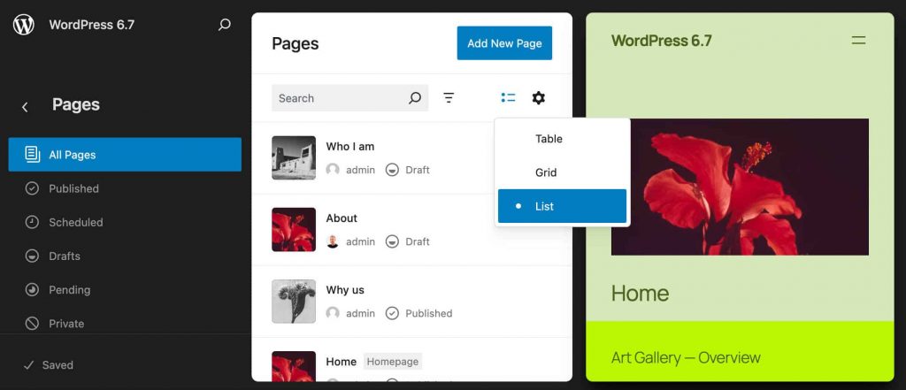 Vista de datos WordPress 6.7