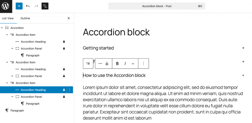 Novedades de WordPress 6.9 bloque de acordeón Novedades de WordPress 6.9 bloque de acordeón