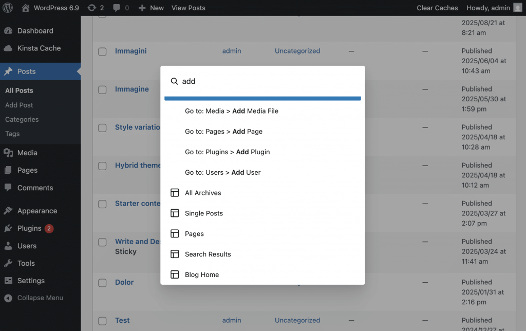 Wordpress 6.9 novedades: paleta de comando Wordpress 6.9 novedades: paleta de comando