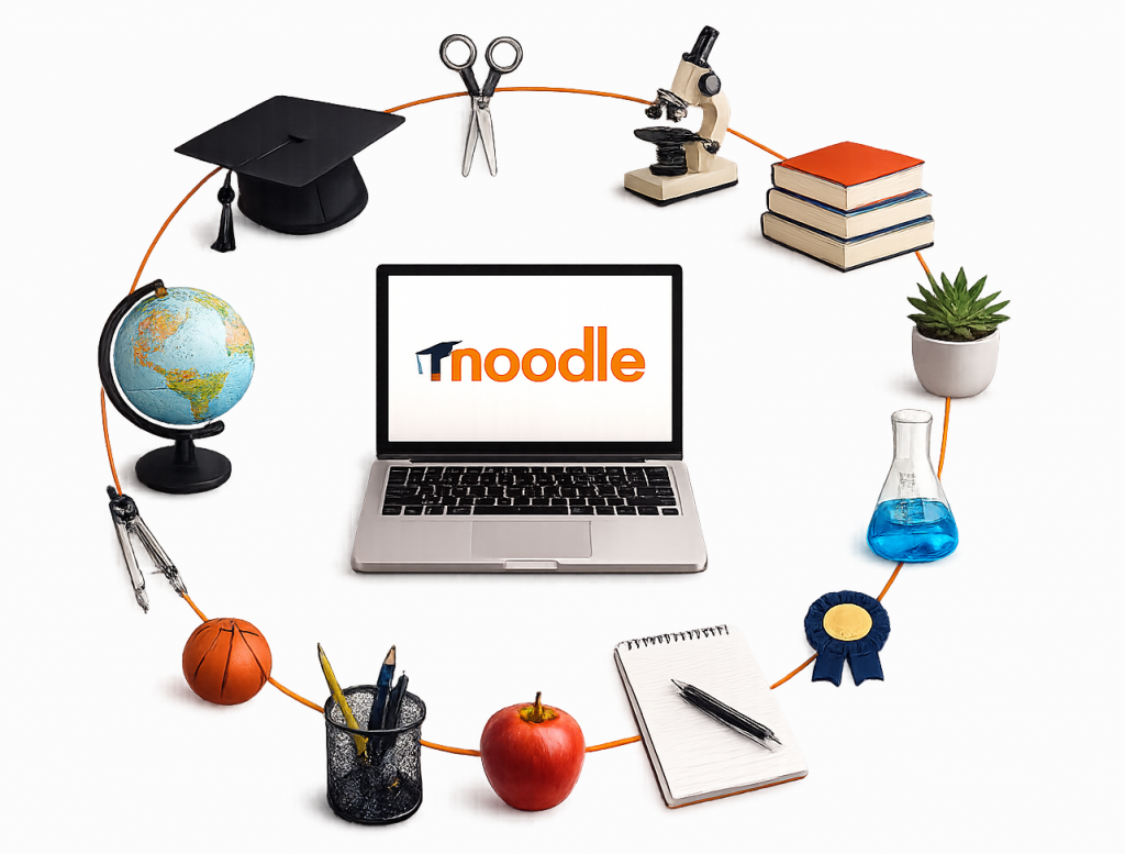 Ilustración de Moodle con recursos educativos, cursos online y herramientas de aprendizaje virtual.