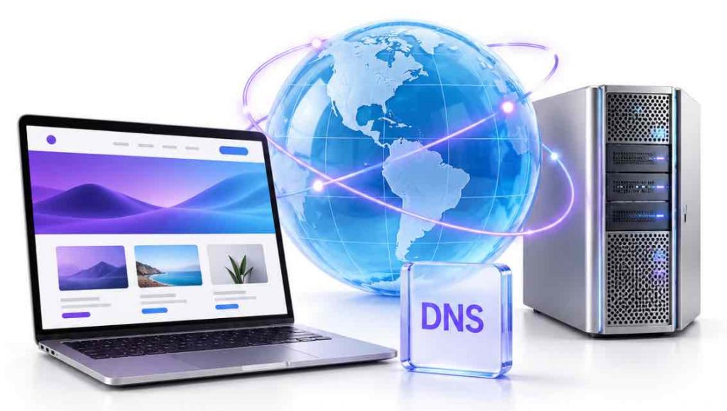 Laptop, globo terrestre y servidor conectados, con las siglas DNS en primer plano.