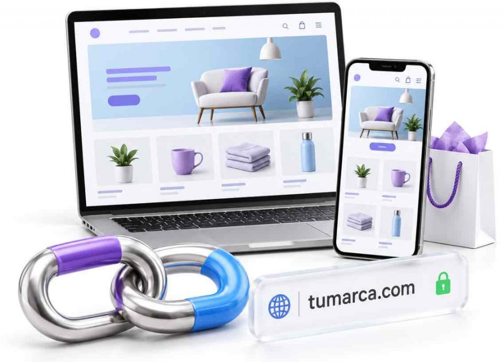 Dominio tumarca.com junto a un servidor, eslabones violetas y una nube azul con una marca de verificación.