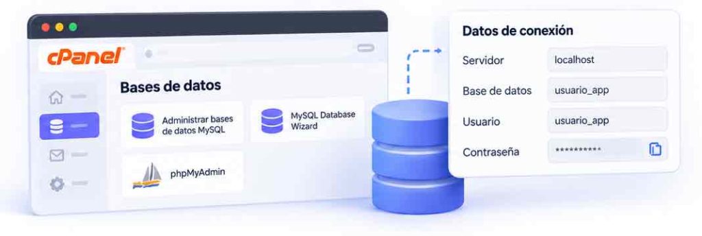 Configuración de una base de datos MySQL en cPanel para conectar una aplicación web.