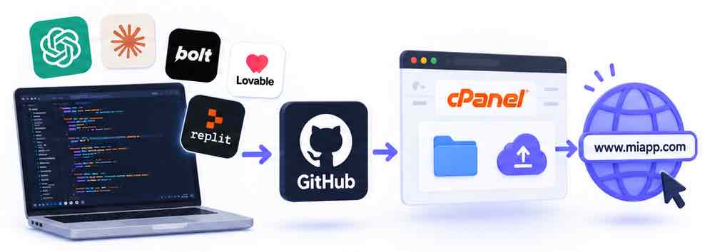 Proceso para publicar una aplicación web creada con IA mediante GitHub y un hosting con cPanel.
