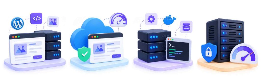 Ilustración comparativa de Web Hosting, Cloud Hosting, Cloud VPS y servidores dedicados para alojar aplicaciones web.